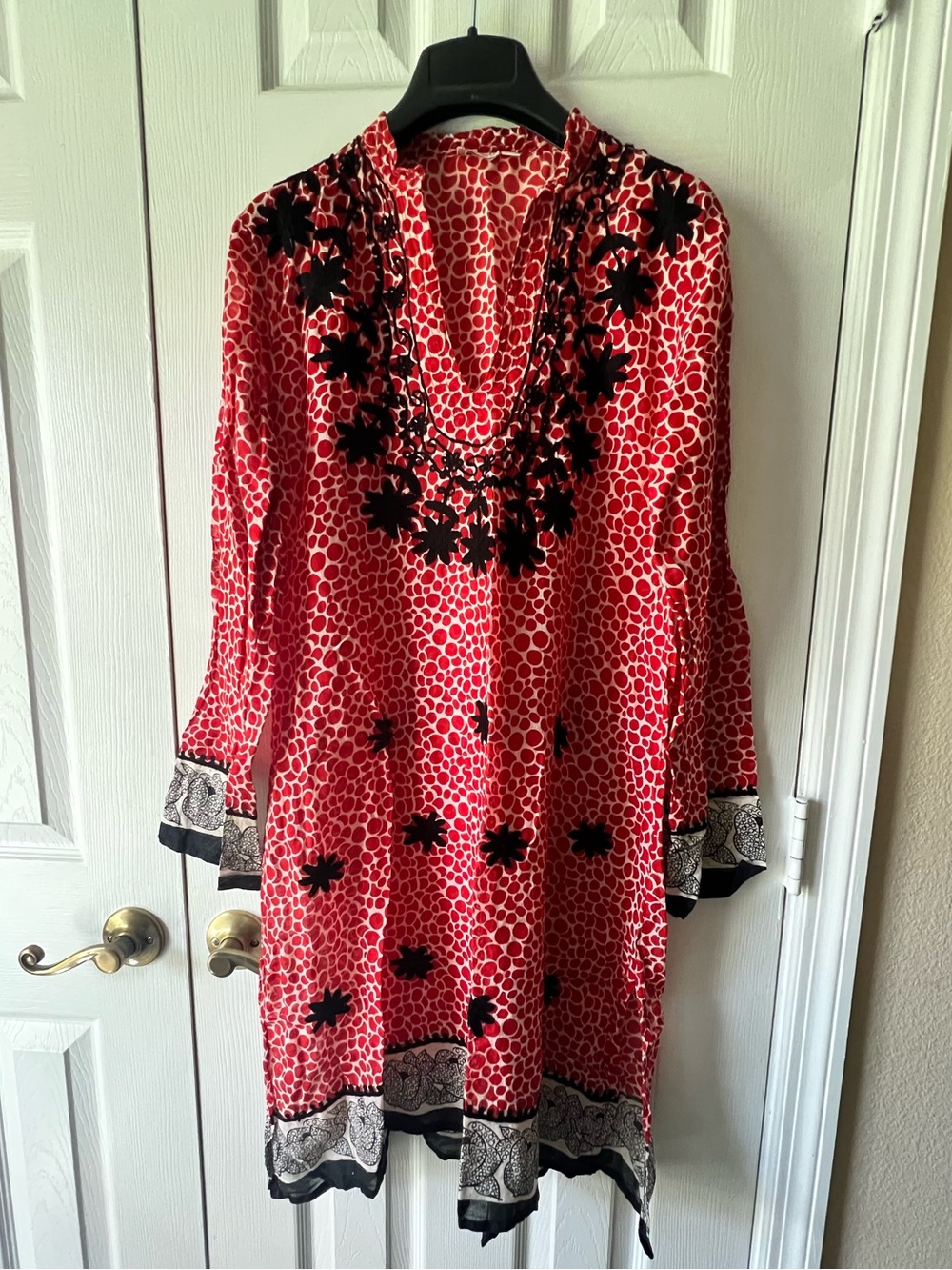 Funky People Red Printed Sheer Tunic Coverup/Dress with Black Floral Appliqué